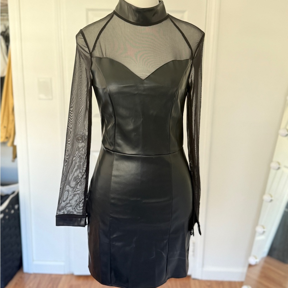 Black Faux Leather Mesh Long Sleeve Mini Dress Sheer Y2K Sexy Bodycon - Picture 3 of 5